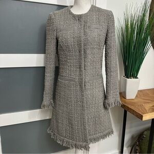 VERTIGO PARIS Gray Tweed Fringe Wool Blend Coat Jacket SZ S Grey Longer Length